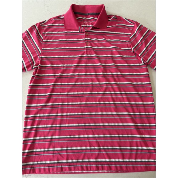 NIKE GOLF Performance Dri-Fit Polo Men's Medium Pink w/ Gray & White Stripes‎ - Picture 1 of 5